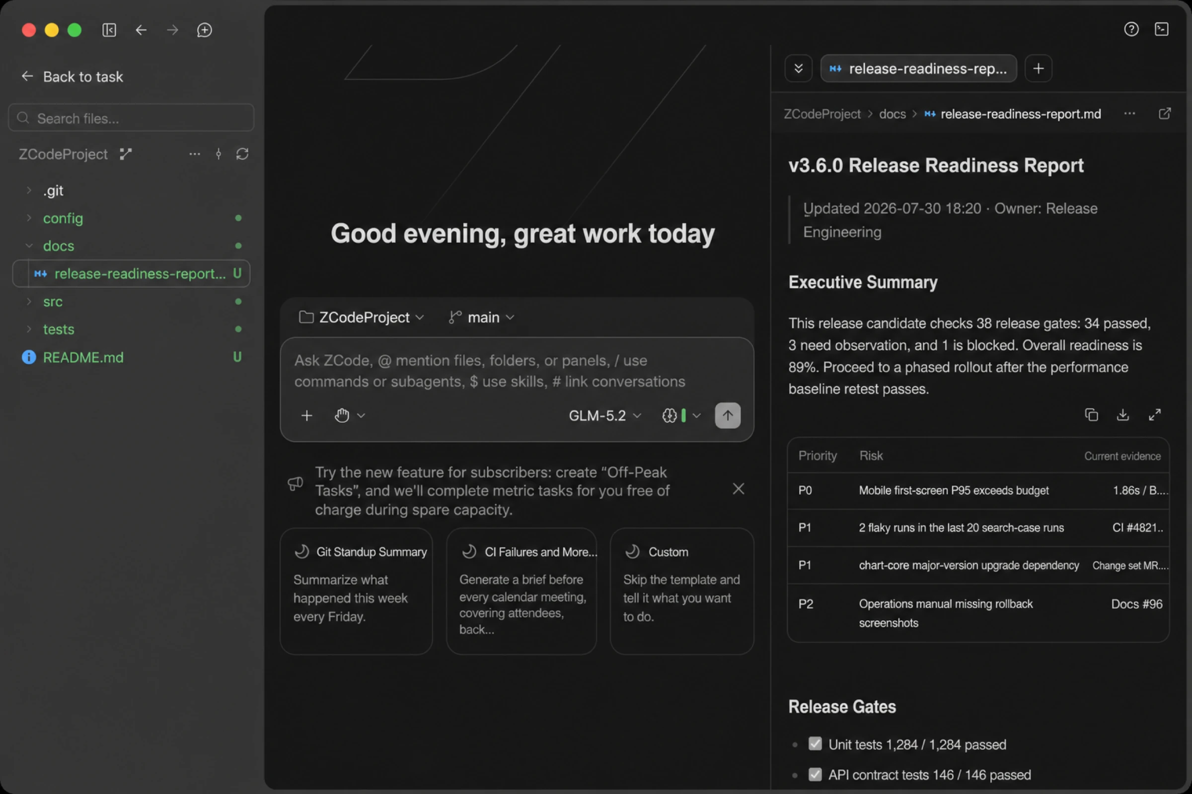 The file tree on the left shows Git status badges; the preview pane on the right renders an Agent-generated Markdown release report with its executive summary, risk table, and release gate checklist