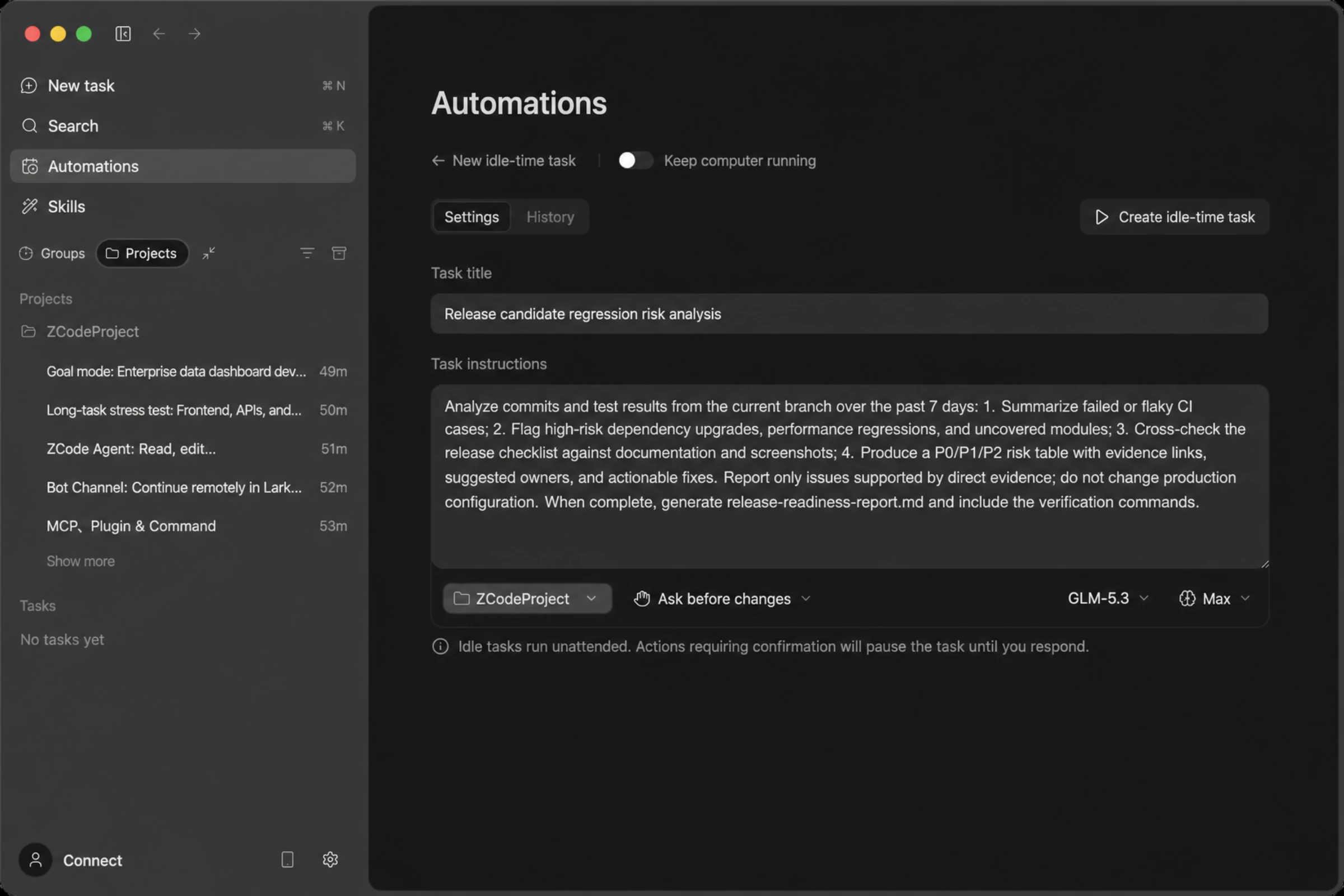 Idle-time task creation form: a "release candidate regression risk analysis" example whose instructions spell out the scope, output format, and verification steps, with project, permission, model, and thought level picked at the bottom
