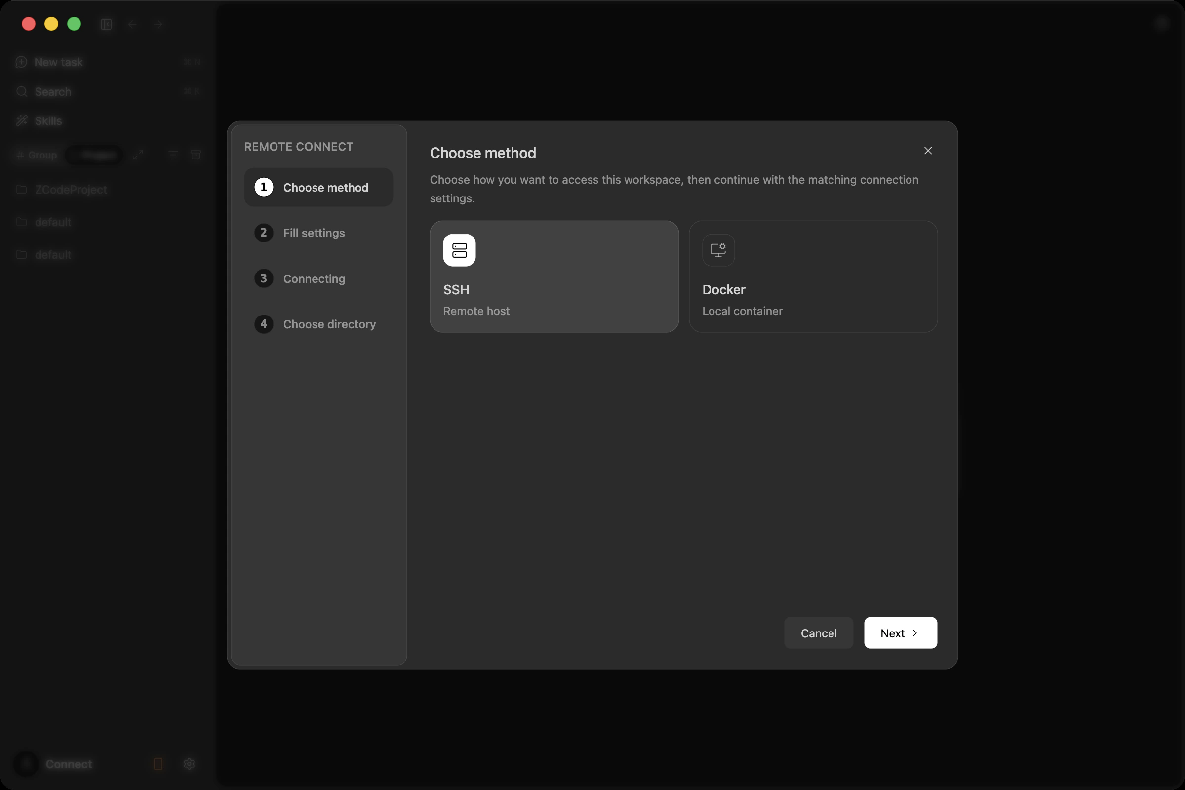 The connection type step; macOS and Linux show only SSH and Docker