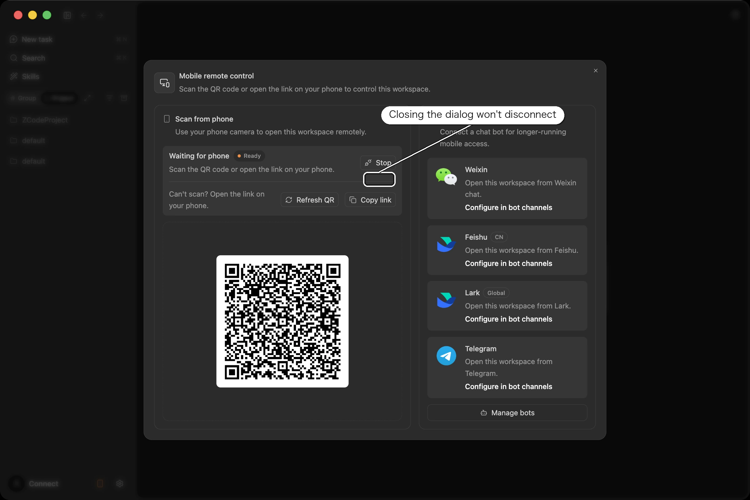 QR code and link on the left, Bot Channel entry points on the right