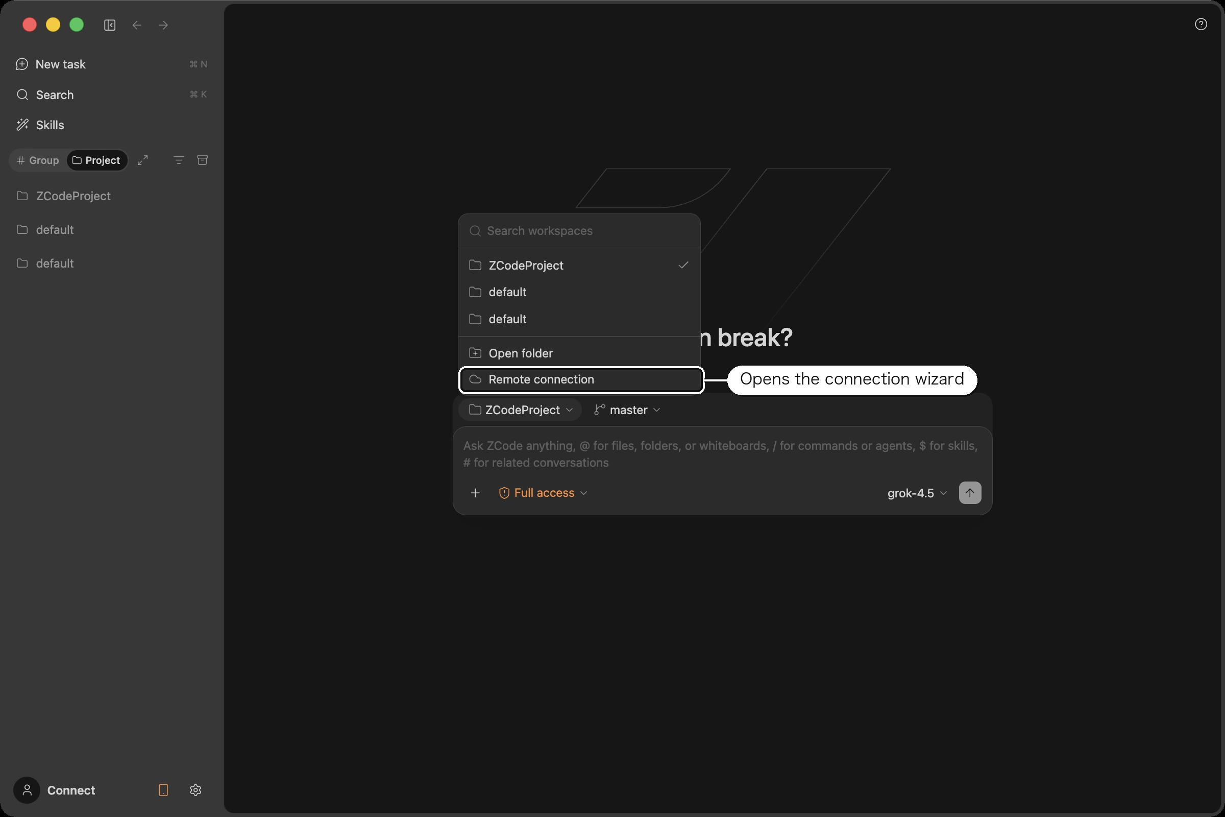 The workspace picker on the new task page also offers Remote Connection