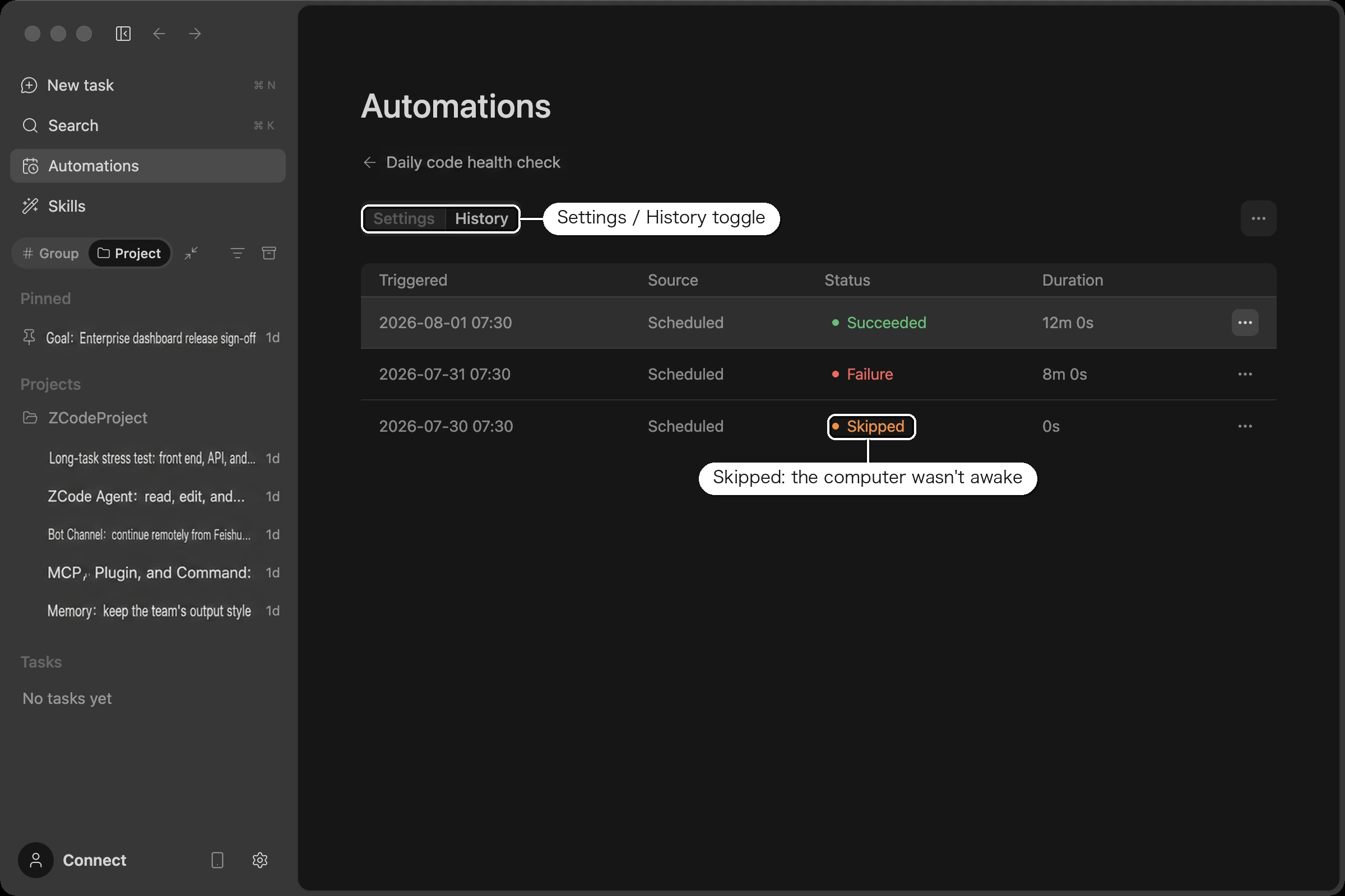 Scheduled task run history: the Settings / History toggle, with succeeded, failed, and skipped runs listed and a row menu that jumps to the matching session