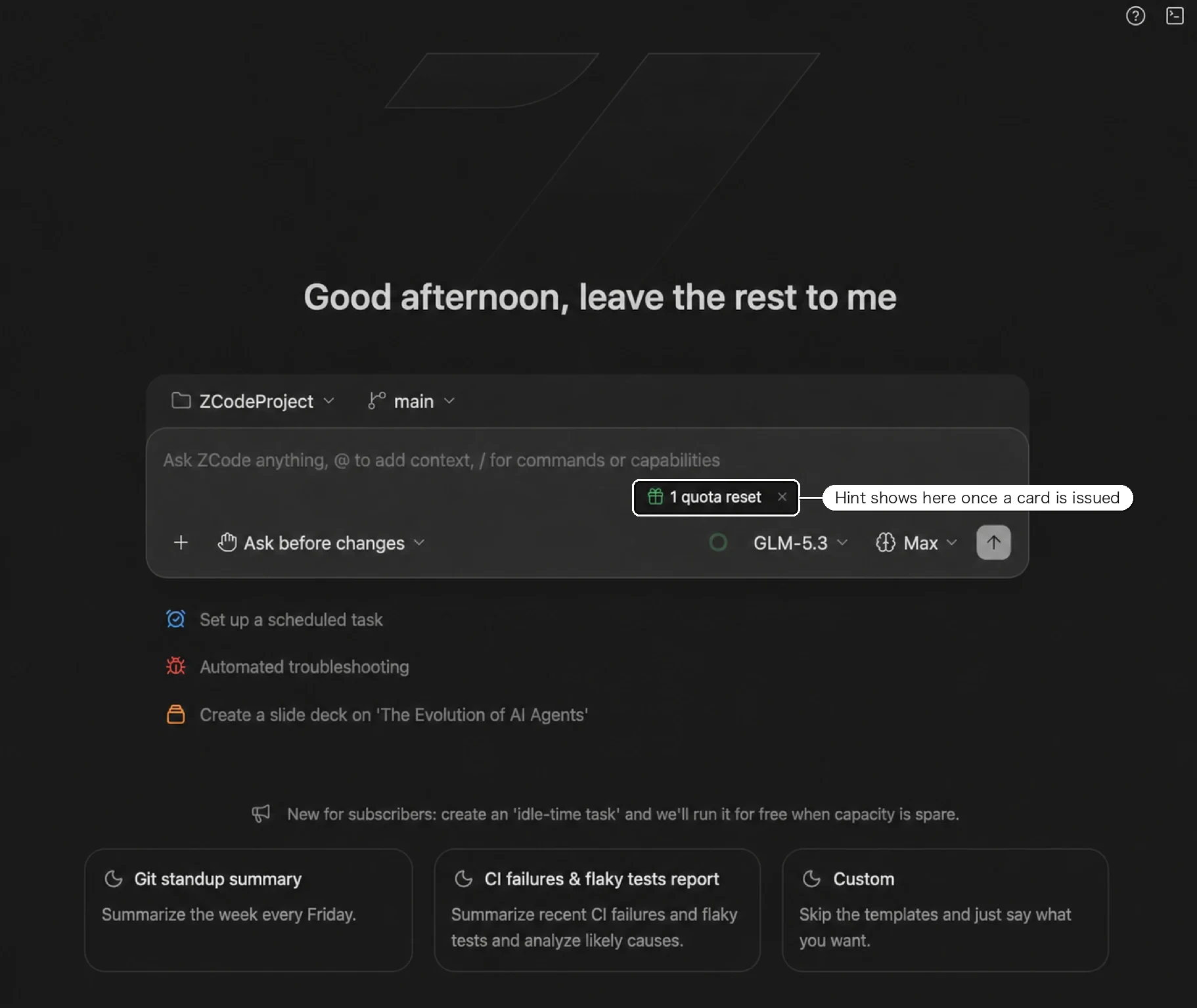 The "1 quota reset" hint at the bottom-right of the input box on the new task page