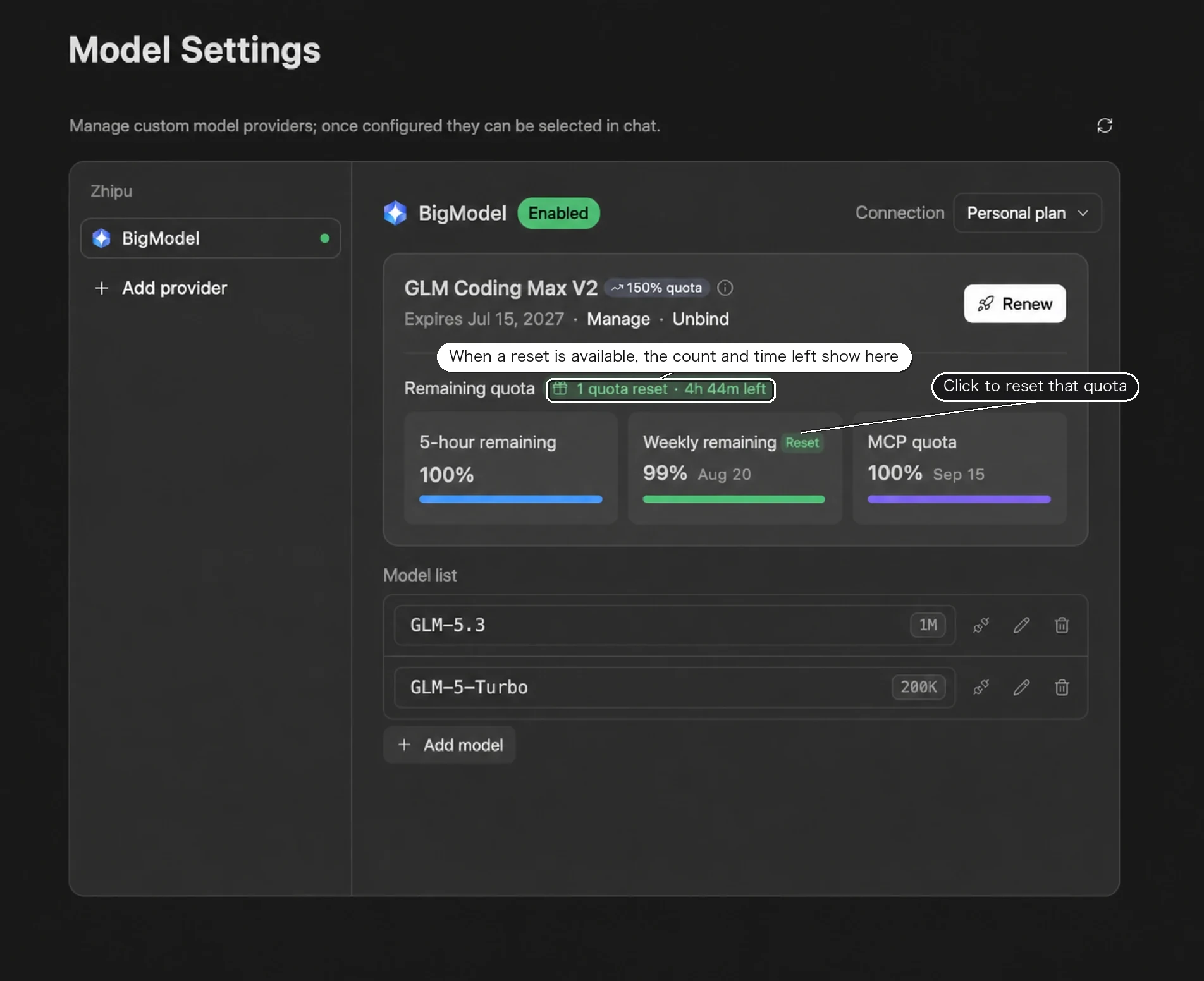 BigModel plan panel in Model Settings: "1 quota reset · 4h 44m left" next to the remaining quota, and a Reset button on the weekly quota card