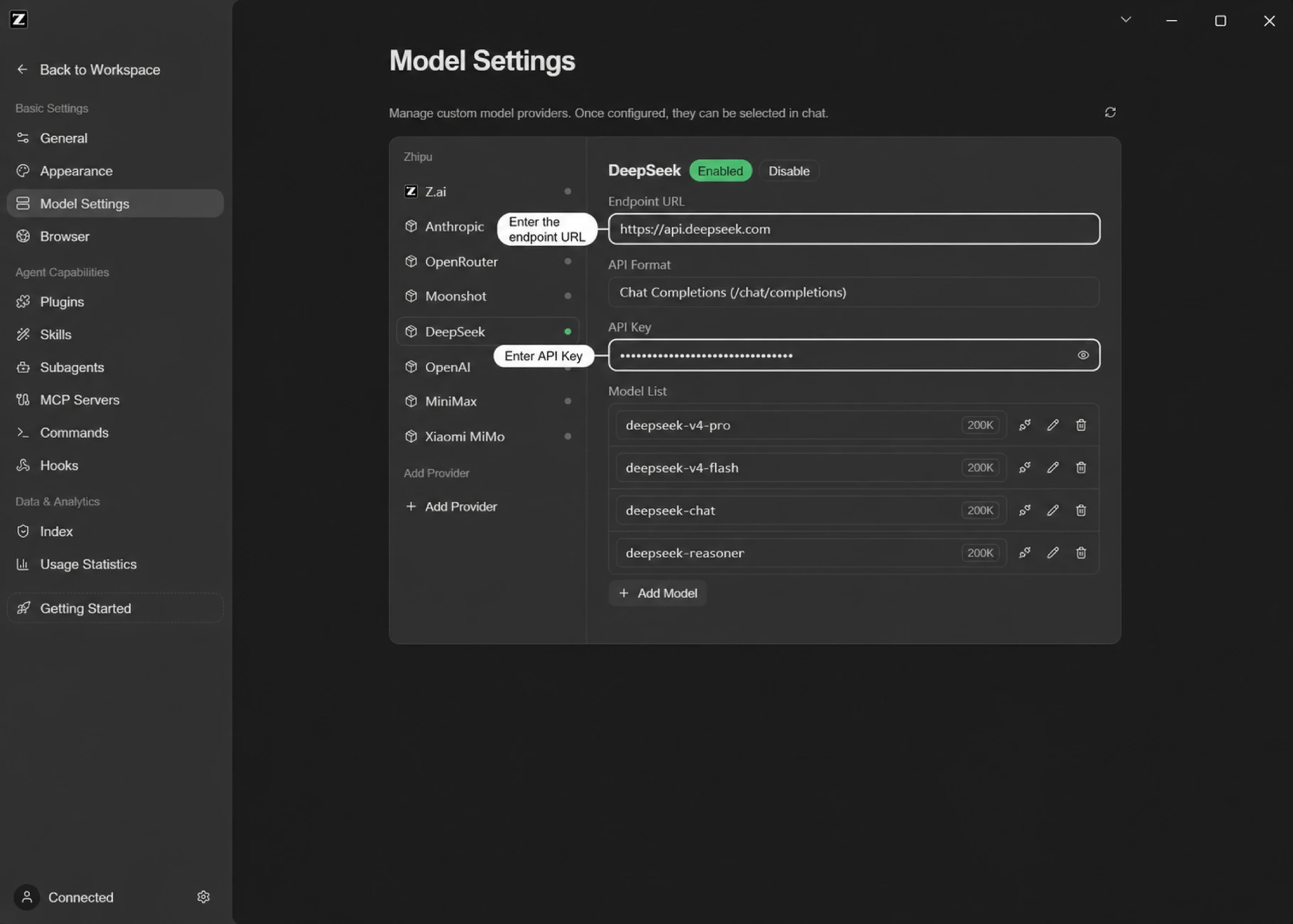 Custom provider settings (DeepSeek as an example)