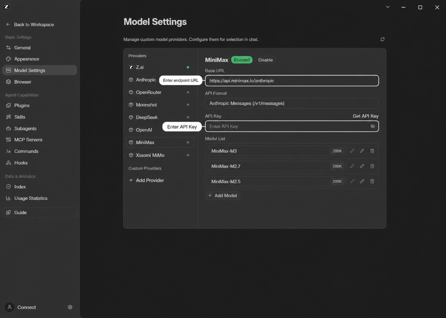 MiniMax provider settings