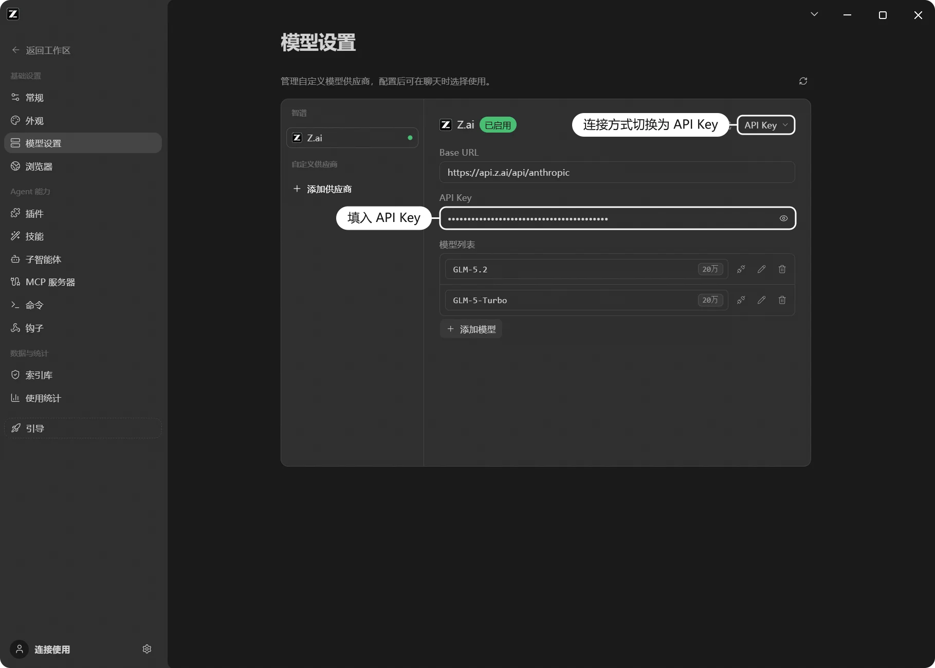 Z.ai API Key 连接方式