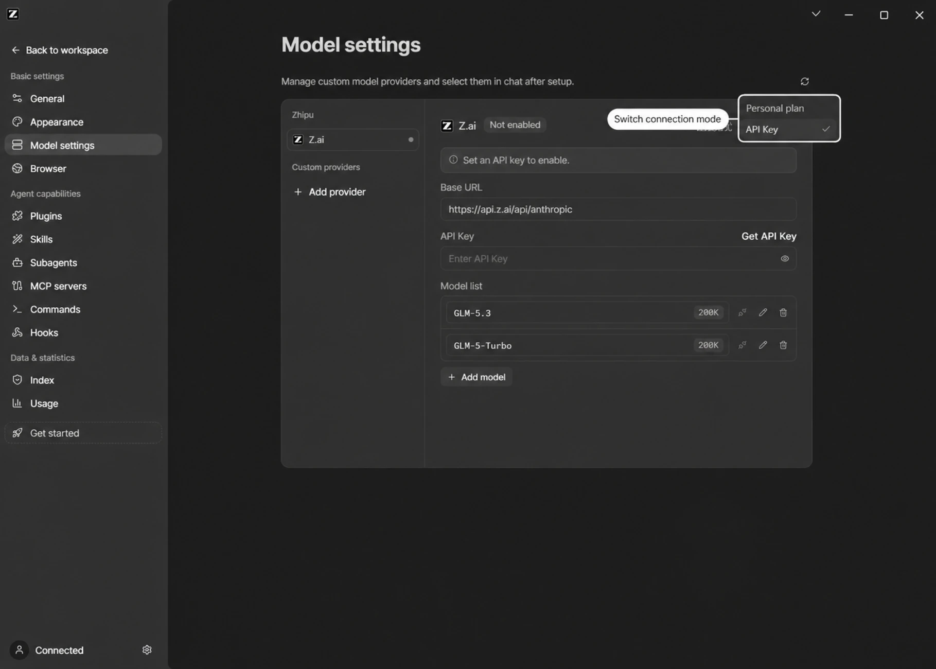 Z.ai provider page: connection-mode menu and the GLM-5.3 model list