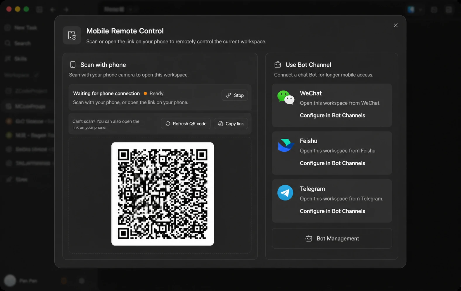 Bot Channel entry on the right side of the Mobile Remote Control dialog