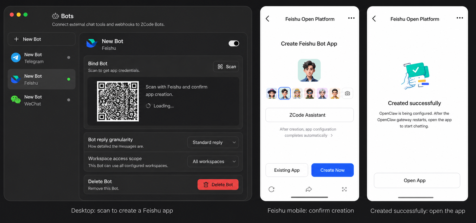 Feishu Bot Channel creation flow