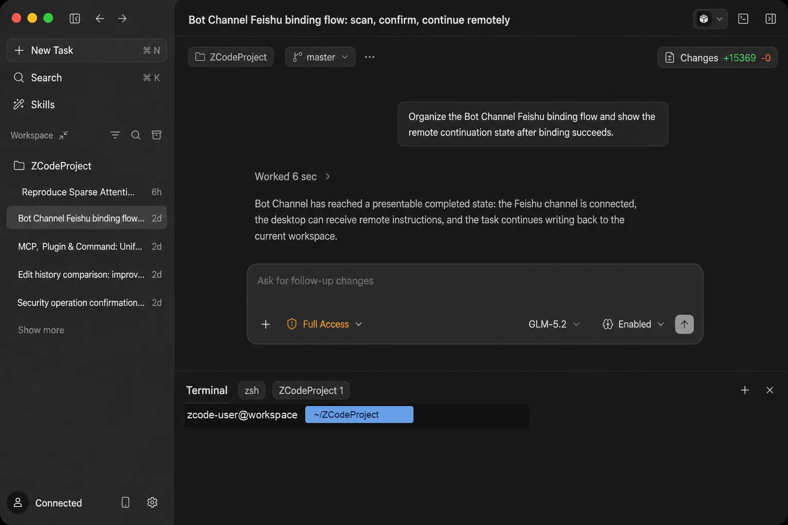 Bot Channel: continue a task remotely