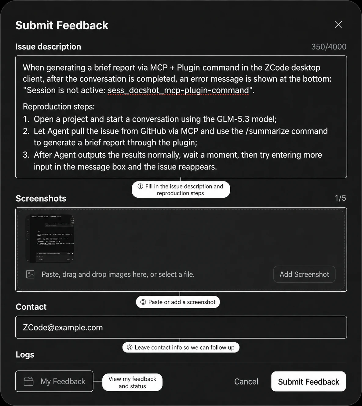 Feedback submission panel and field guidance