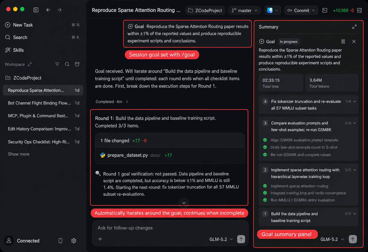 After setting a goal, ZCode Agent keeps iterating around it while the right summary panel tracks status and progress