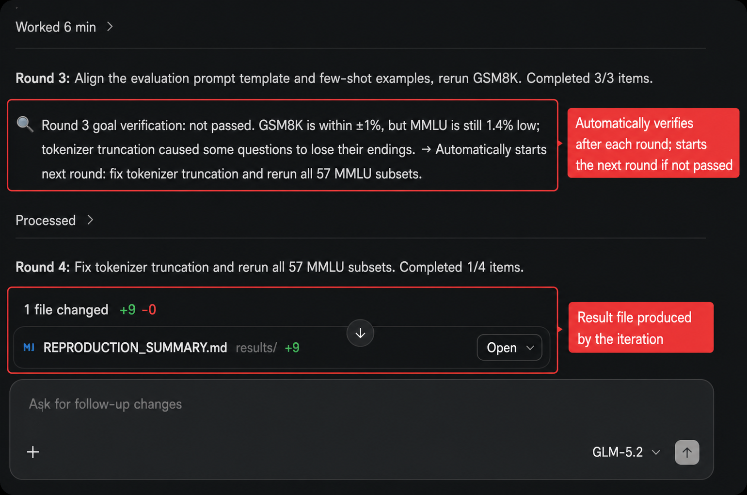 Goal verification state: each iteration is verified automatically, and failed verification starts the next round while keeping result files