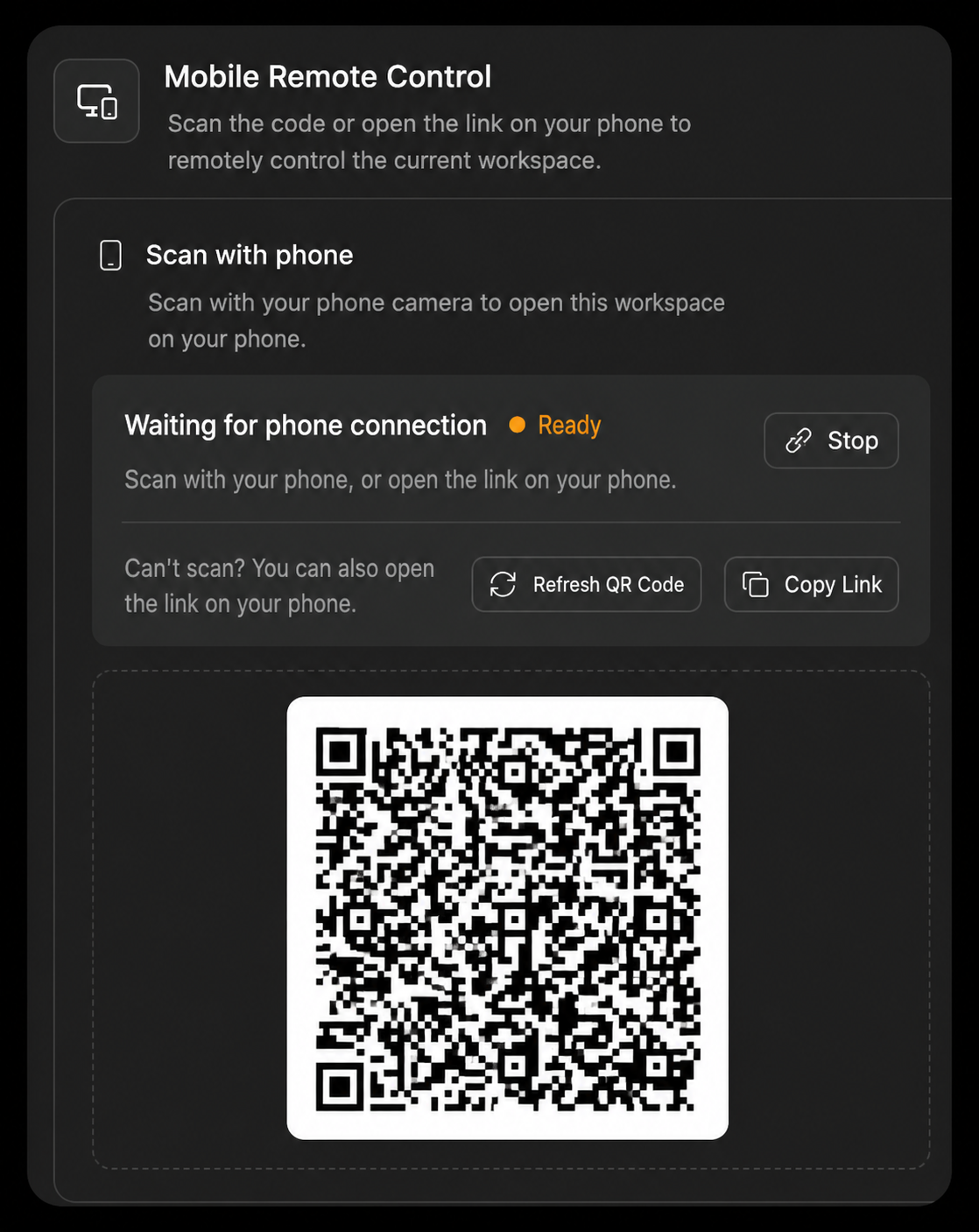 The dialog shows a QR code and link on the left