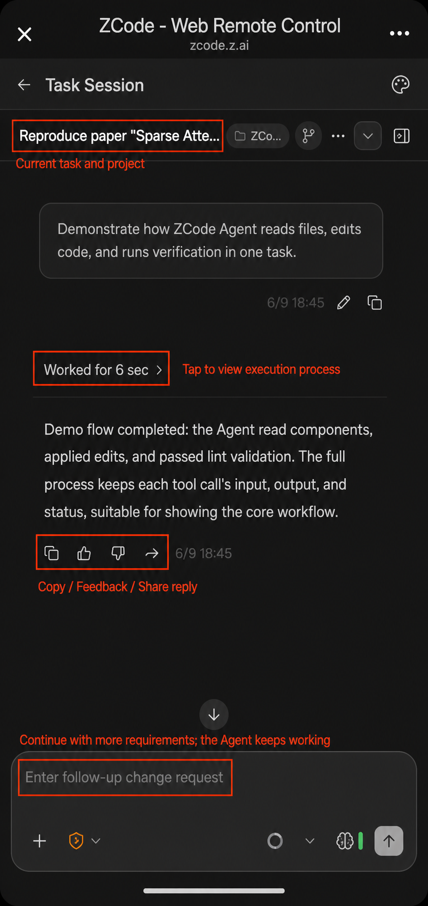 Mobile task session: review the execution steps and keep sending instructions