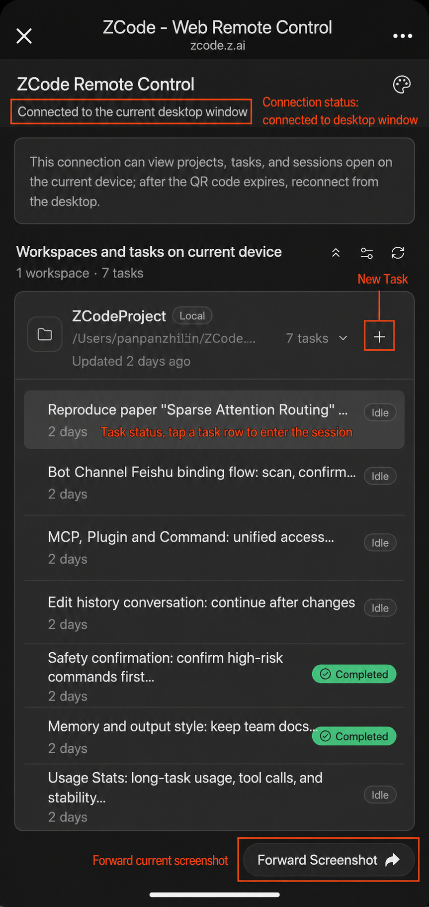 Mobile workspace panel: check task status, create a task, or forward a screenshot