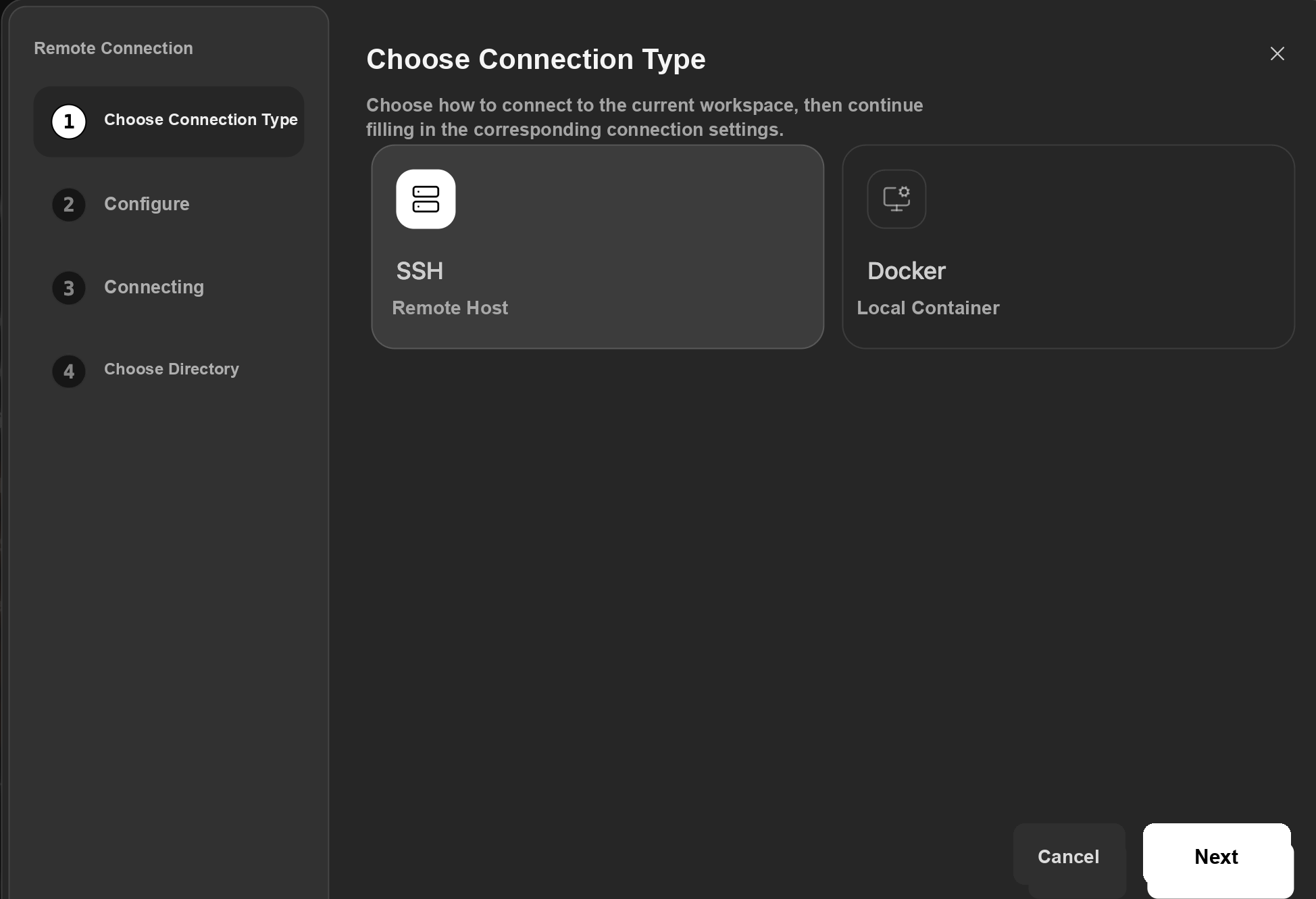 Choose remote connection type