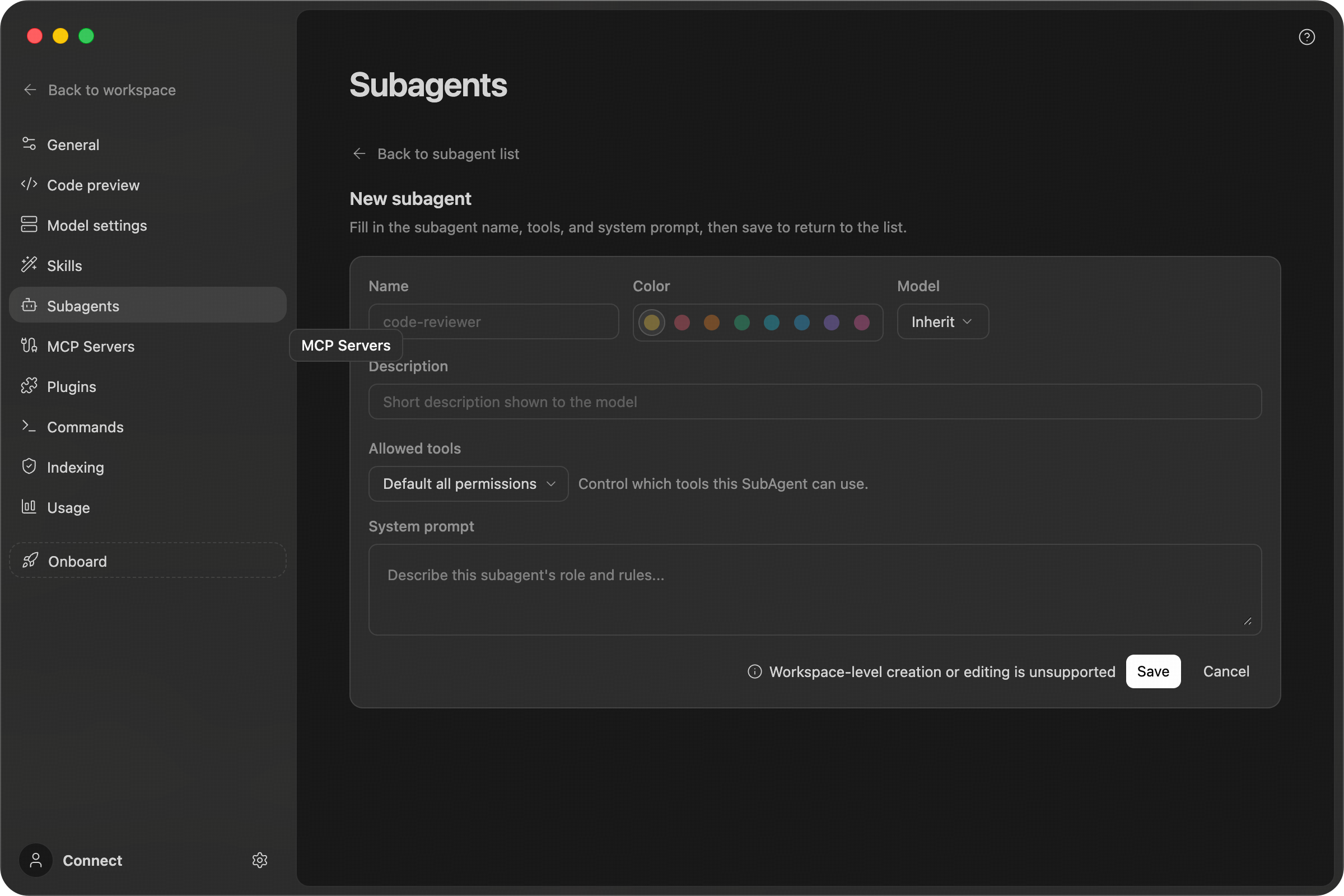 New subagent form: name, color, model, description, available tools, and system prompt