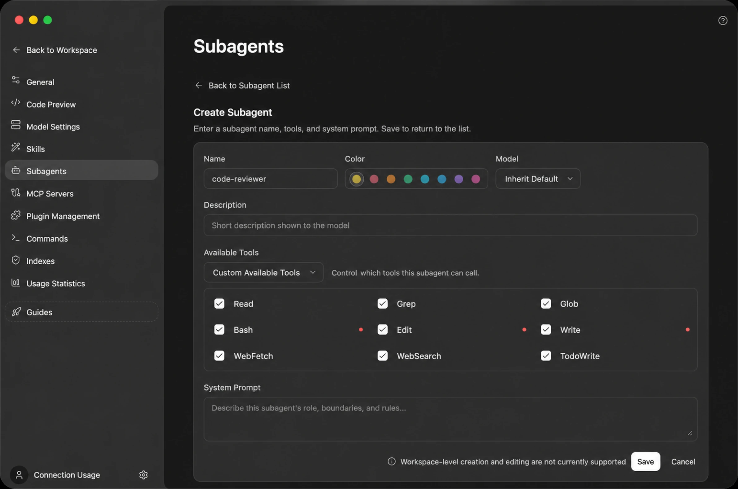 New subagent form: name, color, model, description, available tools, and system prompt