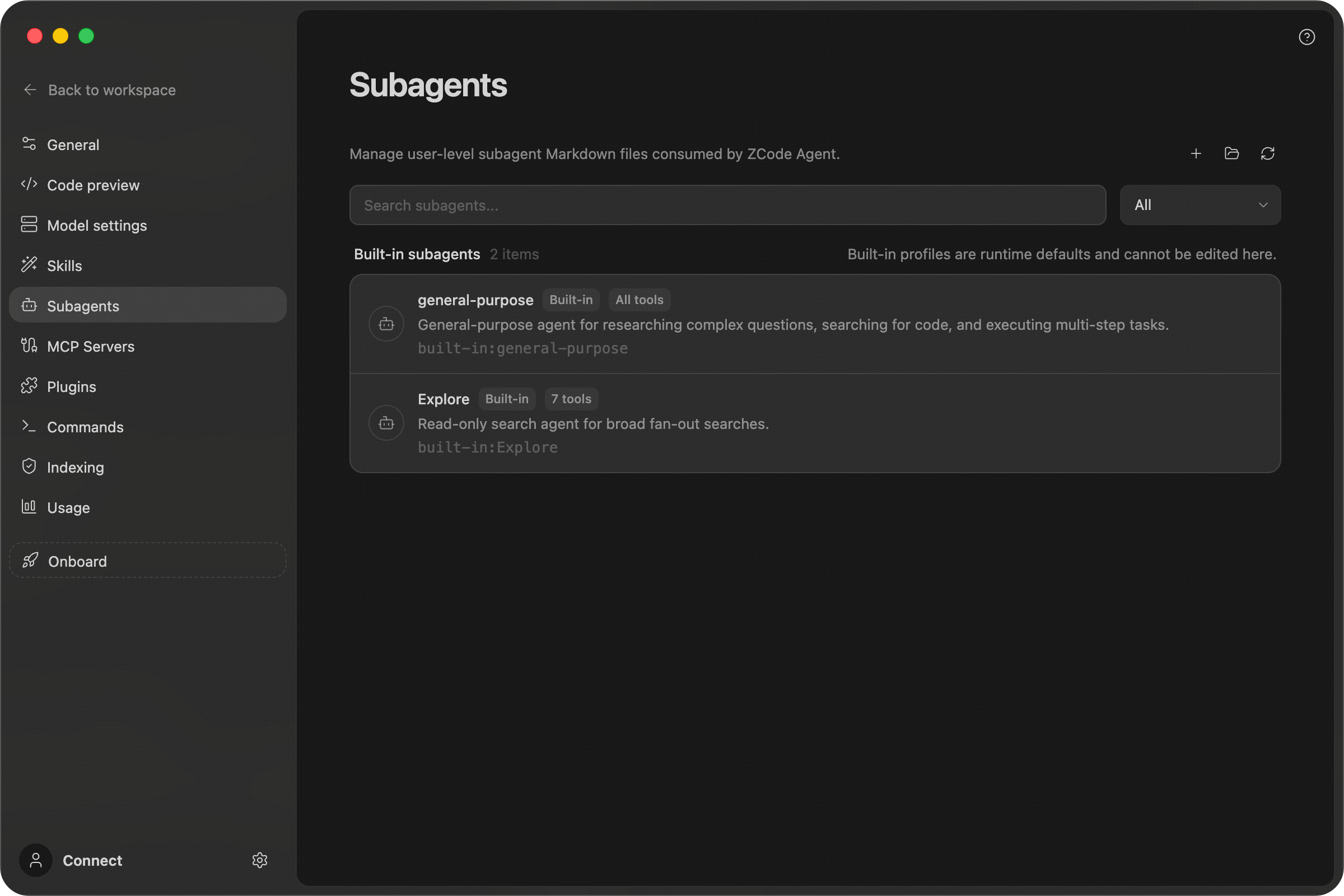 Subagents settings page: the built-in general-purpose and Explore roles