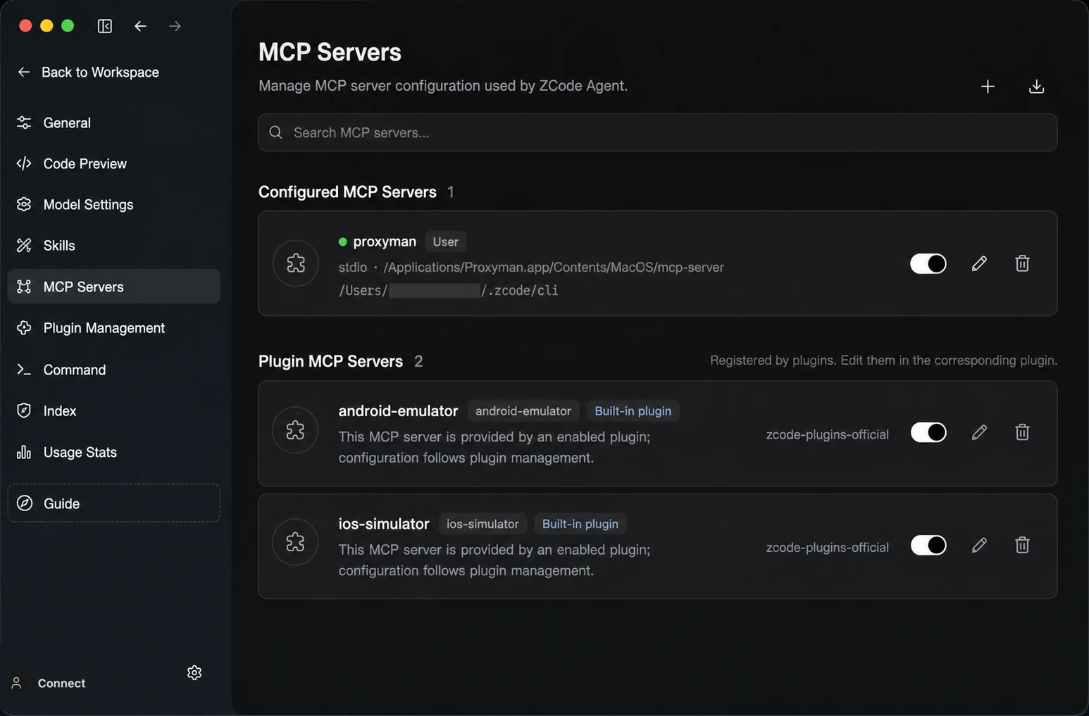 ZCode Agent MCP server list